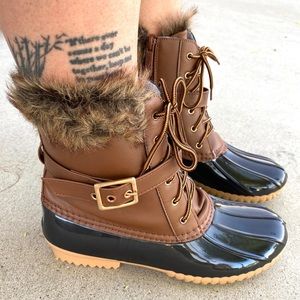 Vegan Black Brown Leather Faux Fur Winter Duck Snow Boots